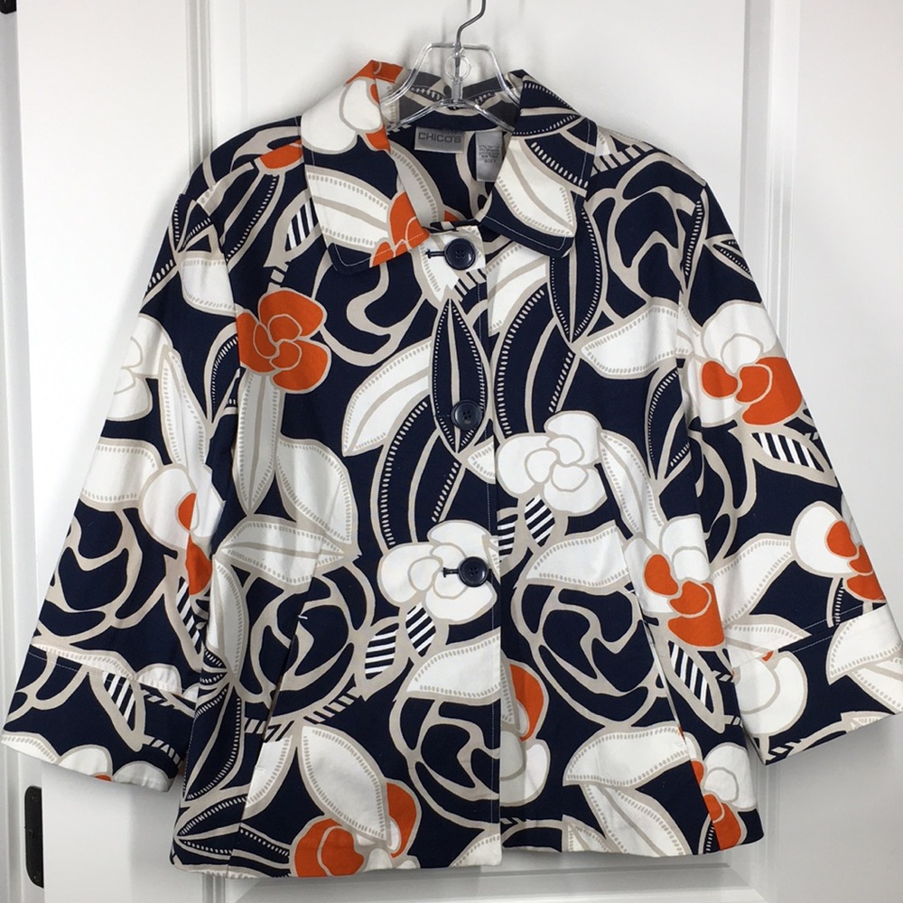 New Chico’s 1 Jacket Navy Cream Tan Orange